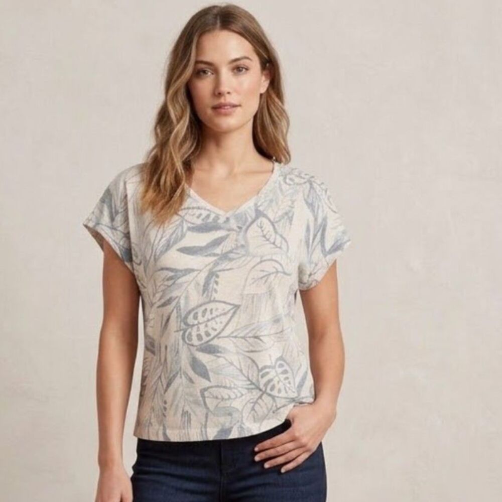 tahari xl 100% linen floral tropical leaf summer knit top cream blue coastal